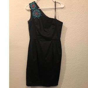 One shoulder dress w/ turquoise and orange detail